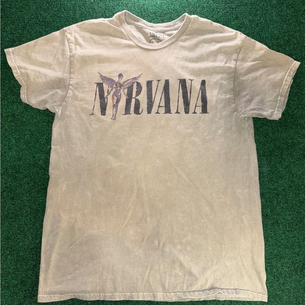 Nirvana In Utero Angel Graphic T-Shirt Grey Acid Wash Mens Large Vintage Style
